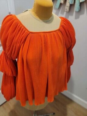 Highlight Sz S ( Fits Me 2X) Orange Pleated Blouse w/Voluminous Ruffled Sleeves